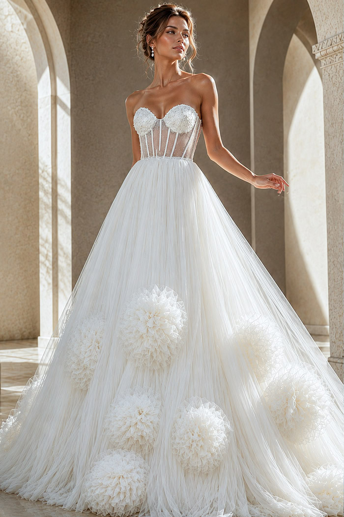 white tulle strapless ballgown wedding dress with pearl beaded corset bodice and rosette ruffle skirt, front view, Jovani Bridal style JB42782