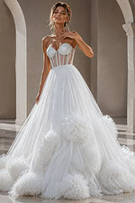 white tulle strapless ballgown wedding dress with pearl beaded corset bodice and rosette ruffle skirt, front view, Jovani Bridal style JB42782
