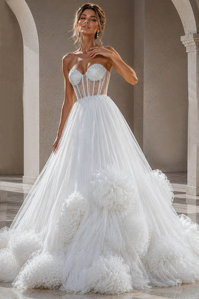 white tulle strapless ballgown wedding dress with pearl beaded corset bodice and rosette ruffle skirt, front view, Jovani Bridal style JB42782