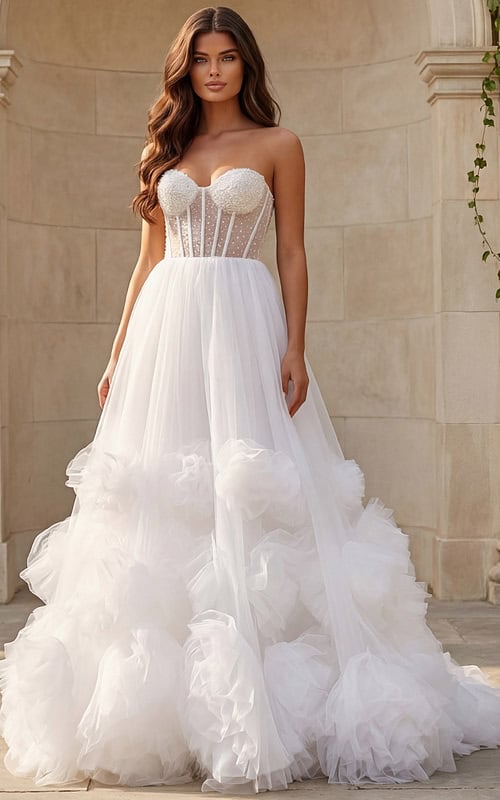 Strapless tulle ball gown with sheer corset back and oversized rosette details on the skirt.