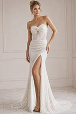 ivory beaded sequin strapless fitted mermaid wedding dress with sweetheart twist neckline, sheer corset bodice and high slit, front view, Jovani Bridal style JB43119