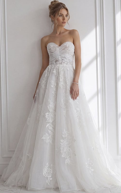 Romantic strapless gown crafted in sheer ivory tulle, featuring floral embroidery across the bodice and skirt, a softly cinched waist.