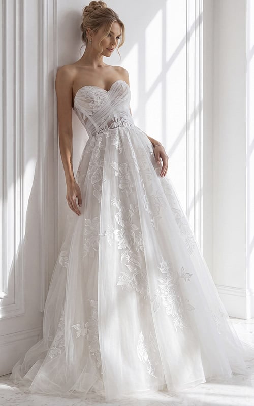 Classic white ballgown wedding dress with a fitted, strapless bodice and subtle ruched detailing,