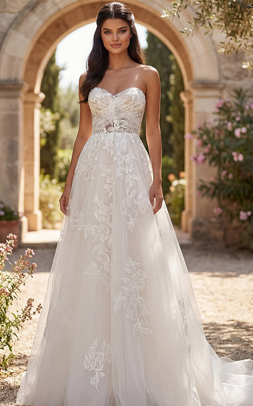 Elegant ivory bridal gown with sweetheart neckline and soft embroidered tulle skirt
