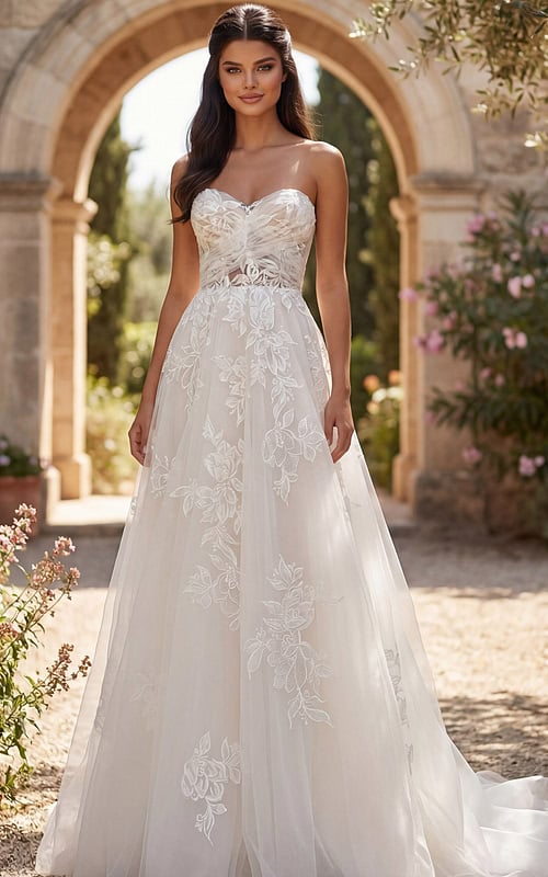 Elegant ivory bridal gown with sweetheart neckline and soft embroidered tulle skirt