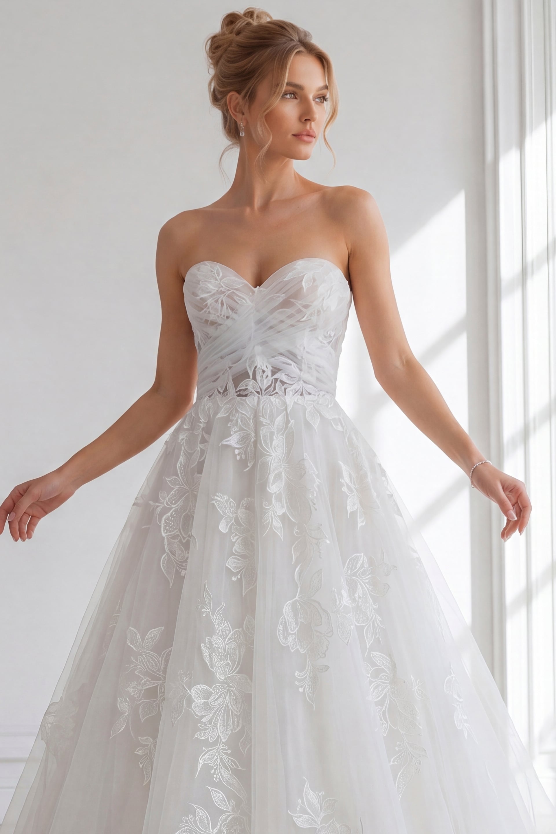 Elegant strapless bridal dress with a sweetheart neckline,