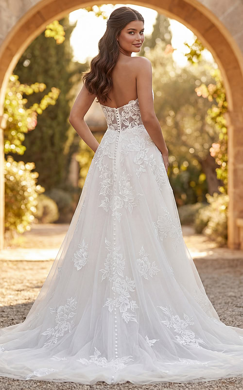 Timeless A line lace gown with intricate floral appliqué and airy layered skirt