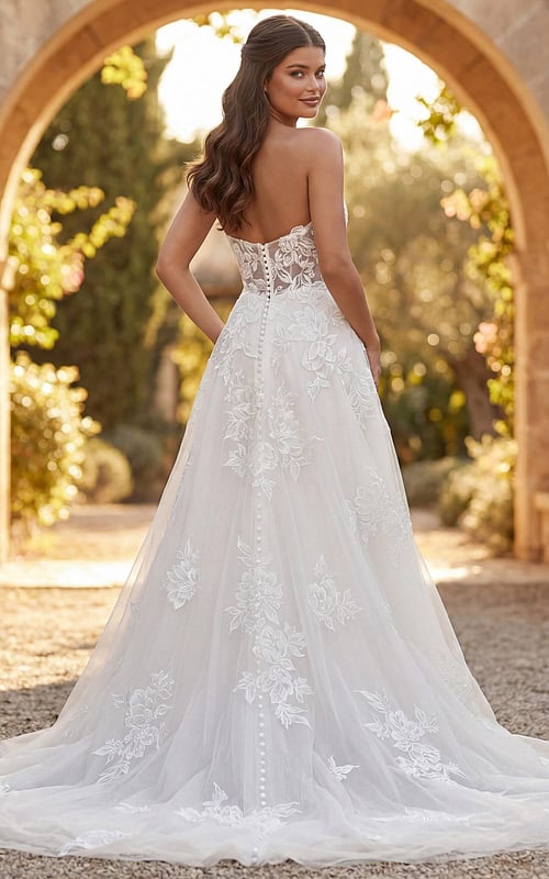 Timeless A line lace gown with intricate floral appliqué and airy layered skirt