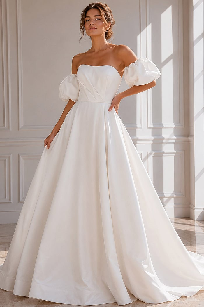 Classic Satin Wedding Dress with Draped Bodice, Covered Buttons, and Chapel Train
