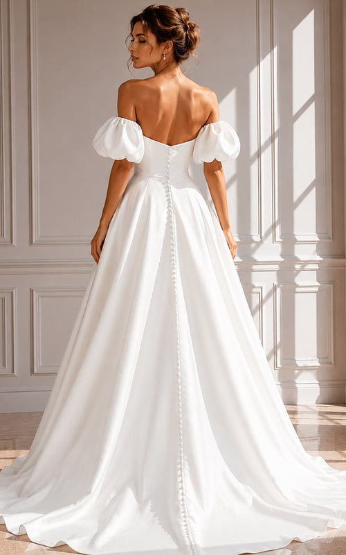 Elegant Princess Bridal Gown with Off-Shoulder Puff Sleeves and Flowing A-Line Silhouette