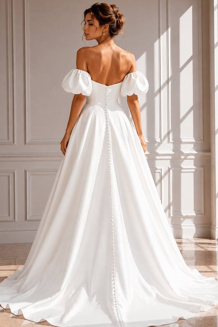 long puff sleeve wedding dress Puffy Sleeves Illusion Neck A-Line EU46 / Milk shoulder silhouette with long puff sleeves Trending Wedding Dress Sleeves |