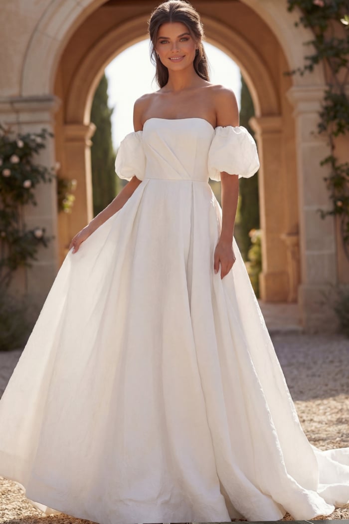 Off shoulder wedding gown with puff sleeves and flowing train