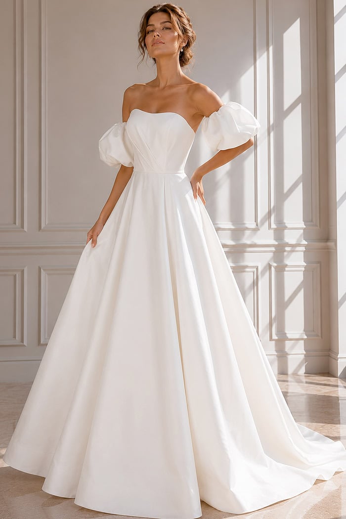 Romantic A-Line Bridal Gown Featuring a Sweetheart Neckline and Voluminous Sleeves