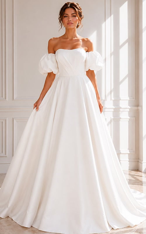 Off-the-Shoulder Satin Ball Gown Wedding Dress with Puff Sleeves and Full Skirt