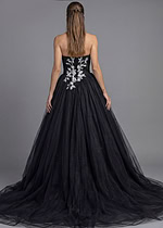 Strapless tulle ball gown with black and white floral appliqué