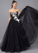 Black and white strapless ball gown with floral embroidery