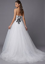 Black tulle ball gown with white floral strapless bodice