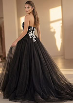 Strapless black and white formal gown with glitter tulle skirt