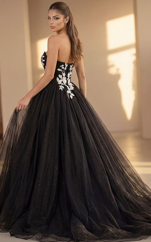 Strapless black and white formal gown with glitter tulle skirt
