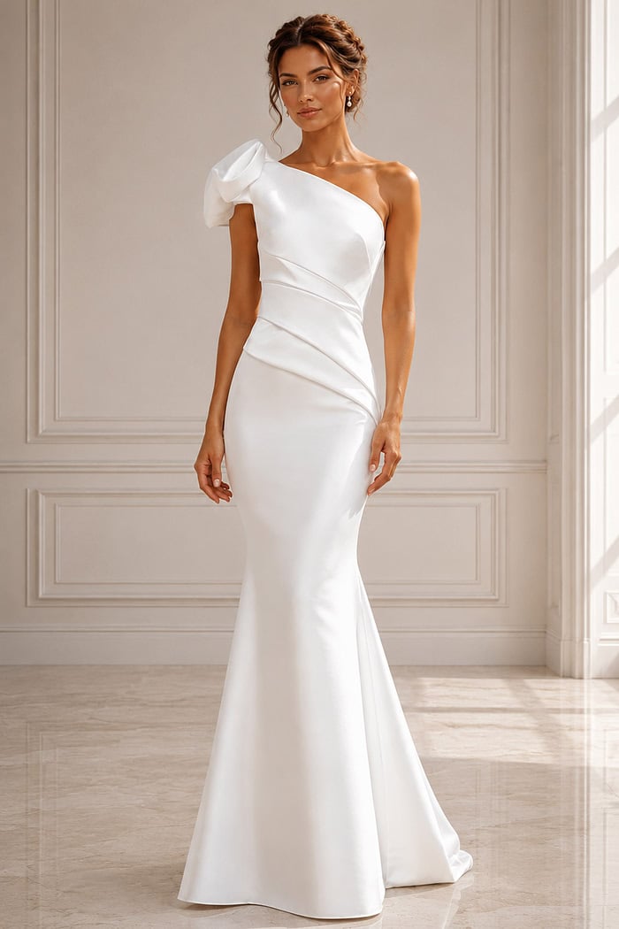 Minimalist white mermaid gown with clean lines, one-shoulder design