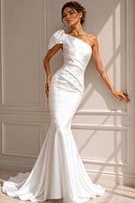 Sleek satin bridal dress with an asymmetrical neckline, single statement sleeve