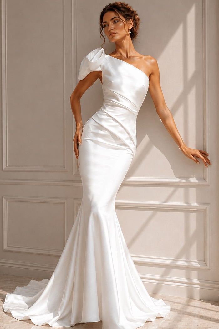 Sleek satin bridal dress with an asymmetrical neckline, single statement sleeve