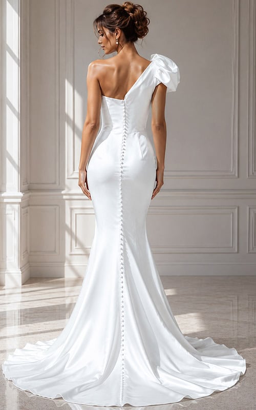 Sophisticated bridal gown crafted in smooth ivory satin, showcasing a puffed shoulder accent