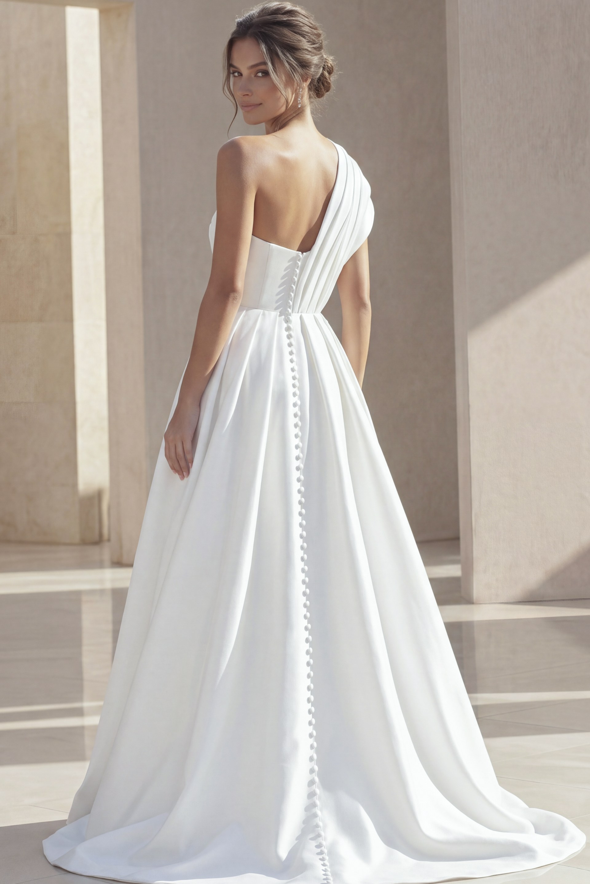 white satin one shoulder A-line wedding dress with pleated asymmetric neckline and pearl button back, front view, Jovani Bridal style JB43278