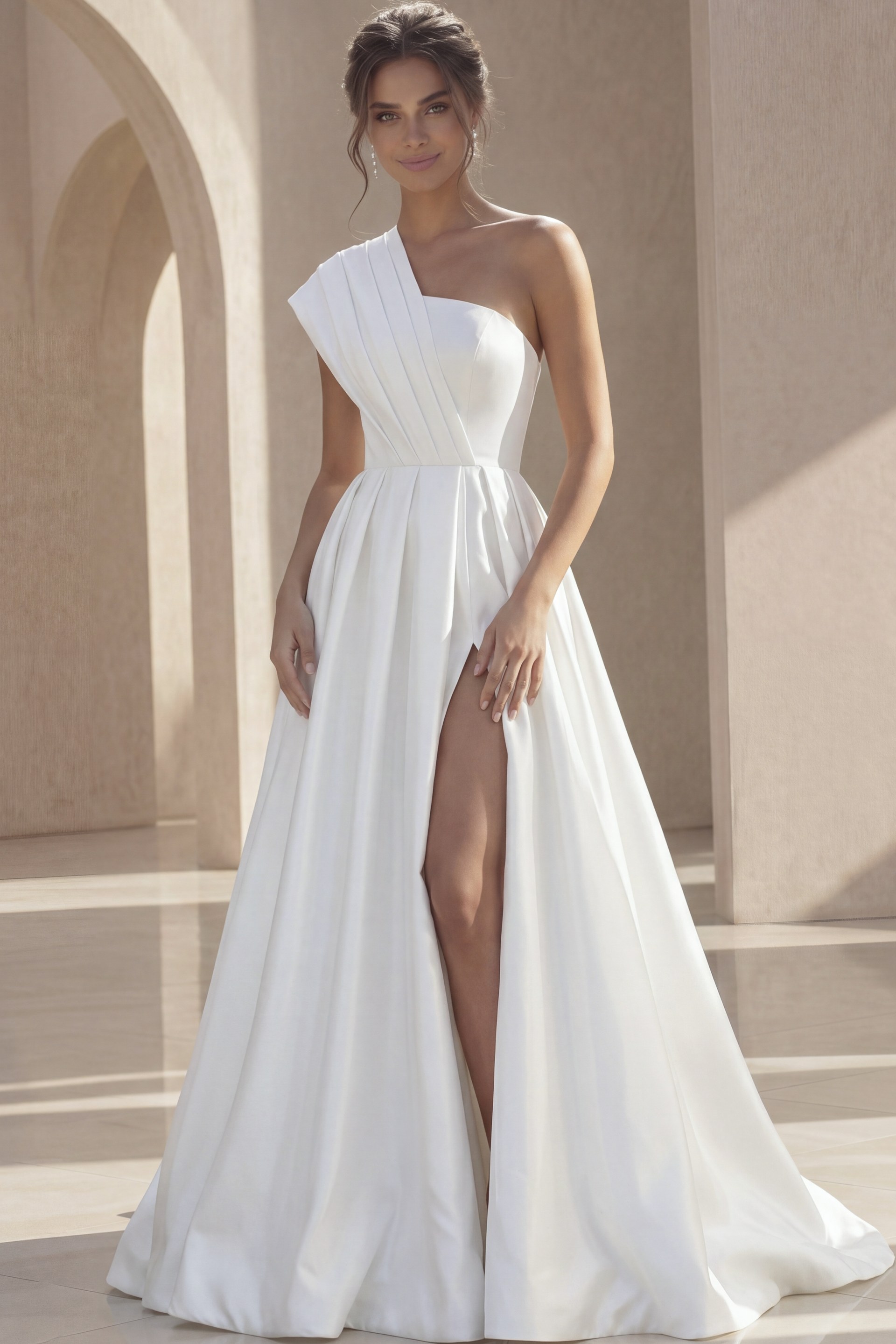 white satin one shoulder dress One Shoulder Ball Gown With Soft Pleats JB43278