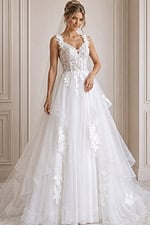ivory 3D floral lace tiered A-line wedding dress with sweetheart neckline and floral straps, front view, Jovani Bridal style JB43314