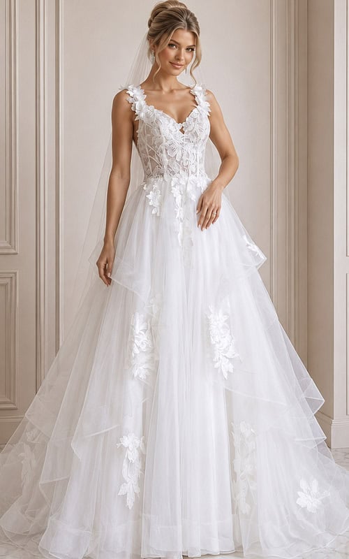 ivory 3D floral lace tiered A-line wedding dress with sweetheart neckline and floral straps, front view, Jovani Bridal style JB43314