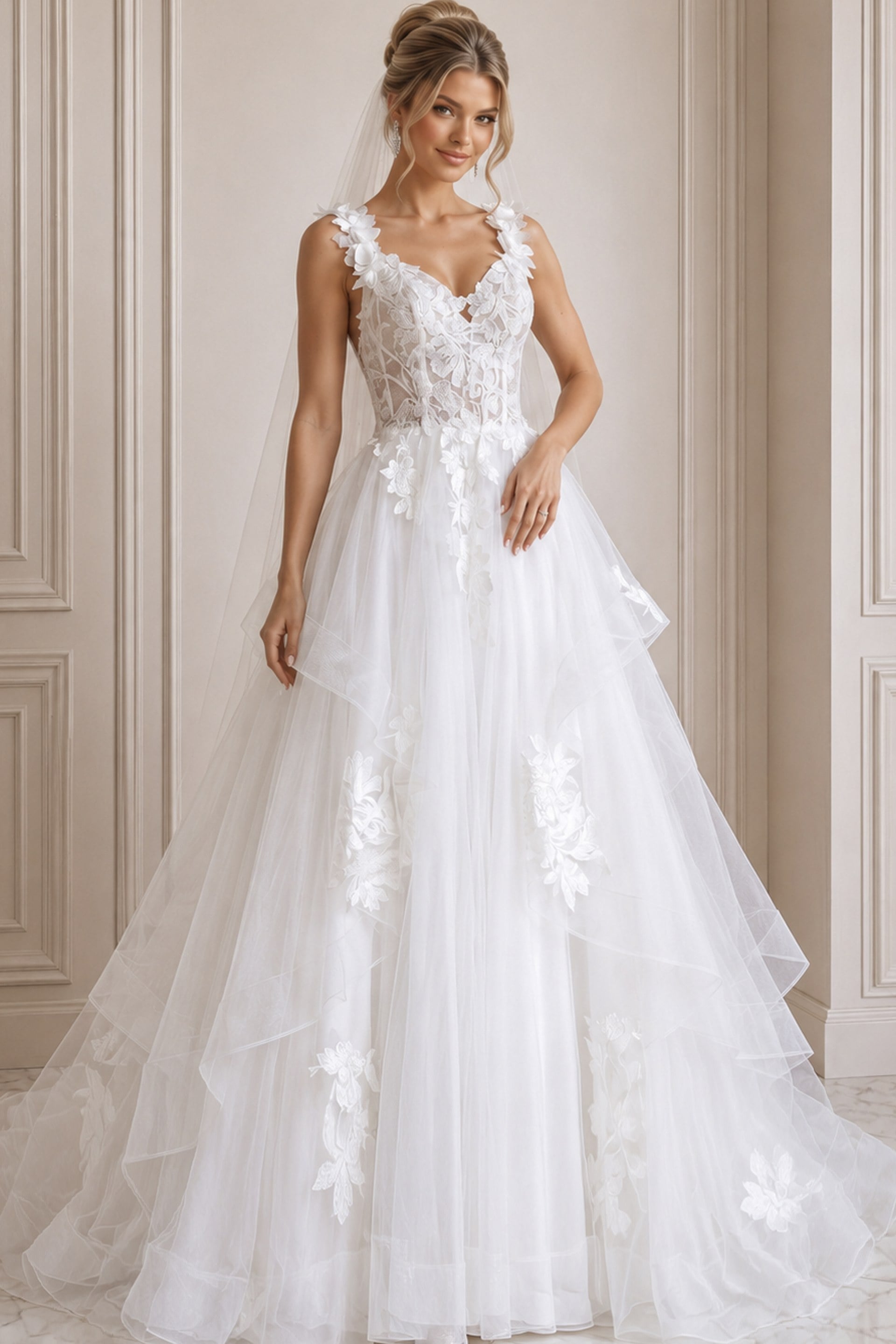 JB43314-4 ivory 3D floral lace tiered A-line wedding dress with sweetheart neckline and floral straps, front view, Jovani Bridal style JB43314