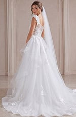 ivory 3D floral lace tiered A-line wedding dress with sweetheart neckline and floral straps, front view, Jovani Bridal style JB43314