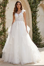 A-line wedding gown with layered tulle skirt, floral appliqué bodice, and 3D flower shoulder detail.