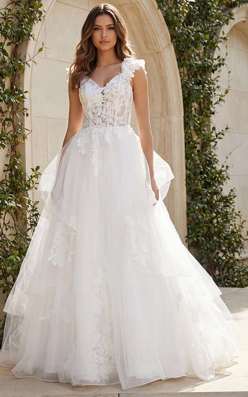 A-line wedding gown with layered tulle skirt, floral appliqué bodice, and 3D flower shoulder detail.