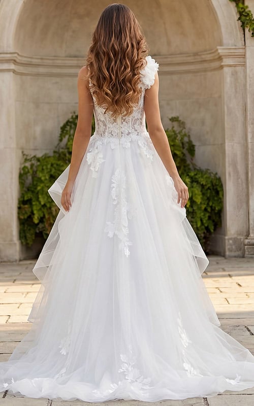Back view of an A-line bridal gown with layered tulle skirt, illusion lace bodice, and 3D floral shoulder detail.