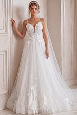 ivory 3D floral lace A-line wedding dress with plunging sweetheart neckline, spaghetti straps and glitter tulle skirt, front view, Jovani Bridal style JB43315