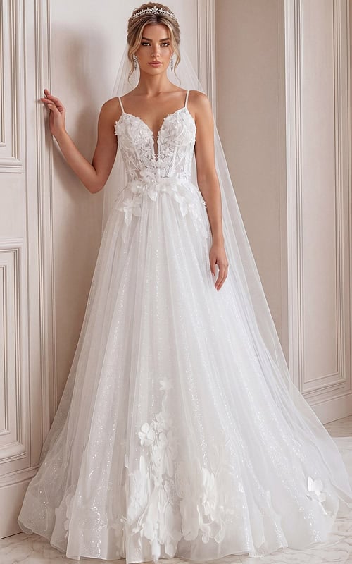 ivory 3D floral lace A-line wedding dress with plunging sweetheart neckline, spaghetti straps and glitter tulle skirt, front view, Jovani Bridal style JB43315