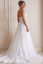 ivory 3D floral lace A-line wedding dress with plunging sweetheart neckline, spaghetti straps and glitter tulle skirt, front view, Jovani Bridal style JB43315