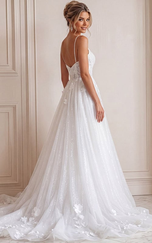 ivory 3D floral lace A-line wedding dress with plunging sweetheart neckline, spaghetti straps and glitter tulle skirt, front view, Jovani Bridal style JB43315