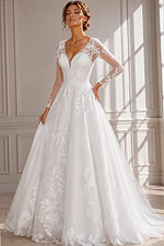 Elegant Lace Wedding Dress with Open V-Back, Delicate Embroidery, and Chapel Train