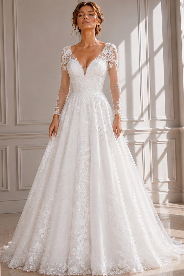 Romantic Bridal Gown Featuring a Deep V-Neckline, Sheer Sleeves, and Flowing Skirt