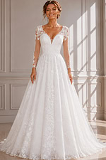 Lace A-Line Wedding Dress with Long Illusion Sleeves and Floral Appliqué Details
