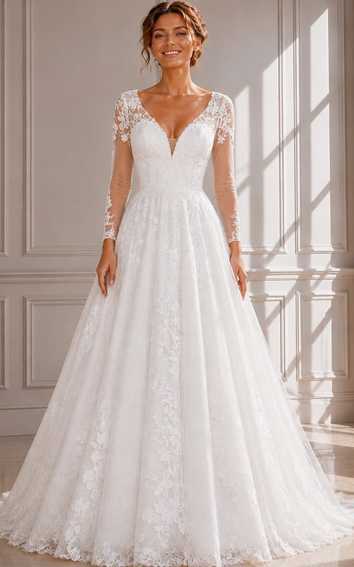 Lace A-Line Wedding Dress with Long Illusion Sleeves and Floral Appliqué Details