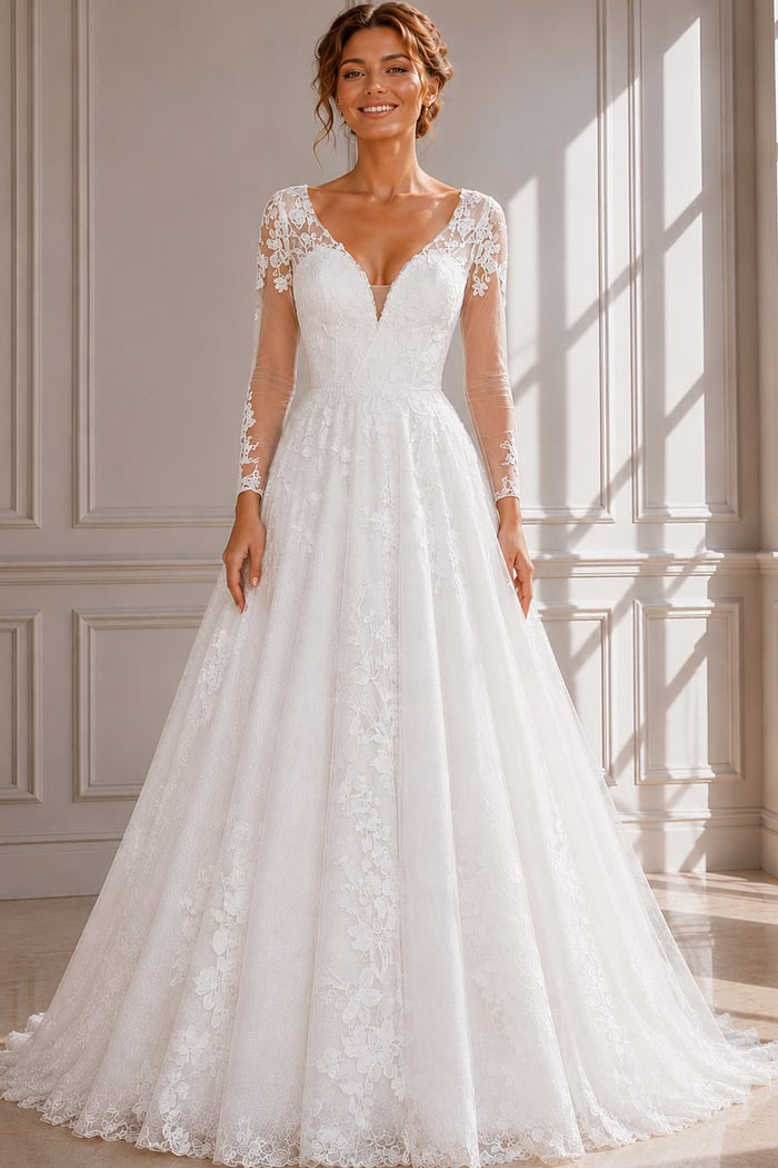 Lace A-Line Wedding Dress with Long Illusion Sleeves and Floral Appliqué Details