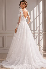 Classic A-Line Bridal Gown with Floral Lace Overlay, Illusion Sleeves, and Soft Tulle Skirt