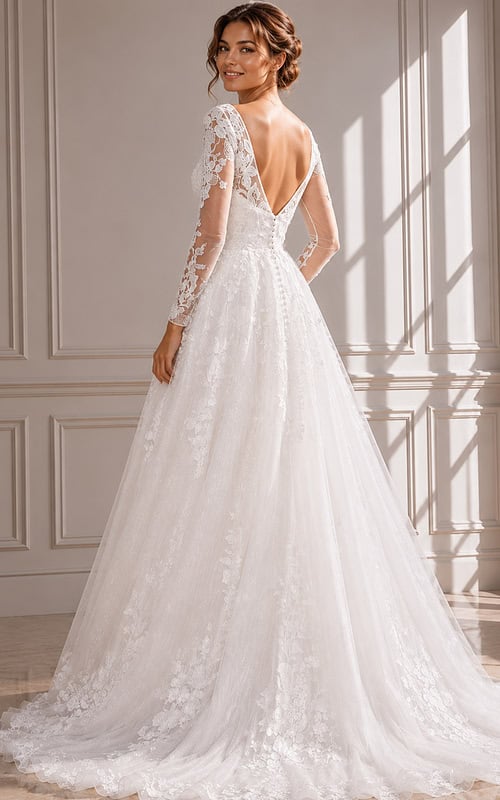 Classic A-Line Bridal Gown with Floral Lace Overlay, Illusion Sleeves, and Soft Tulle Skirt