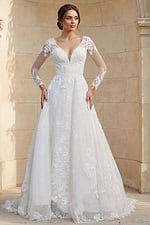 elegant long sleeve floral lace A line bridal gown with deep V neckline