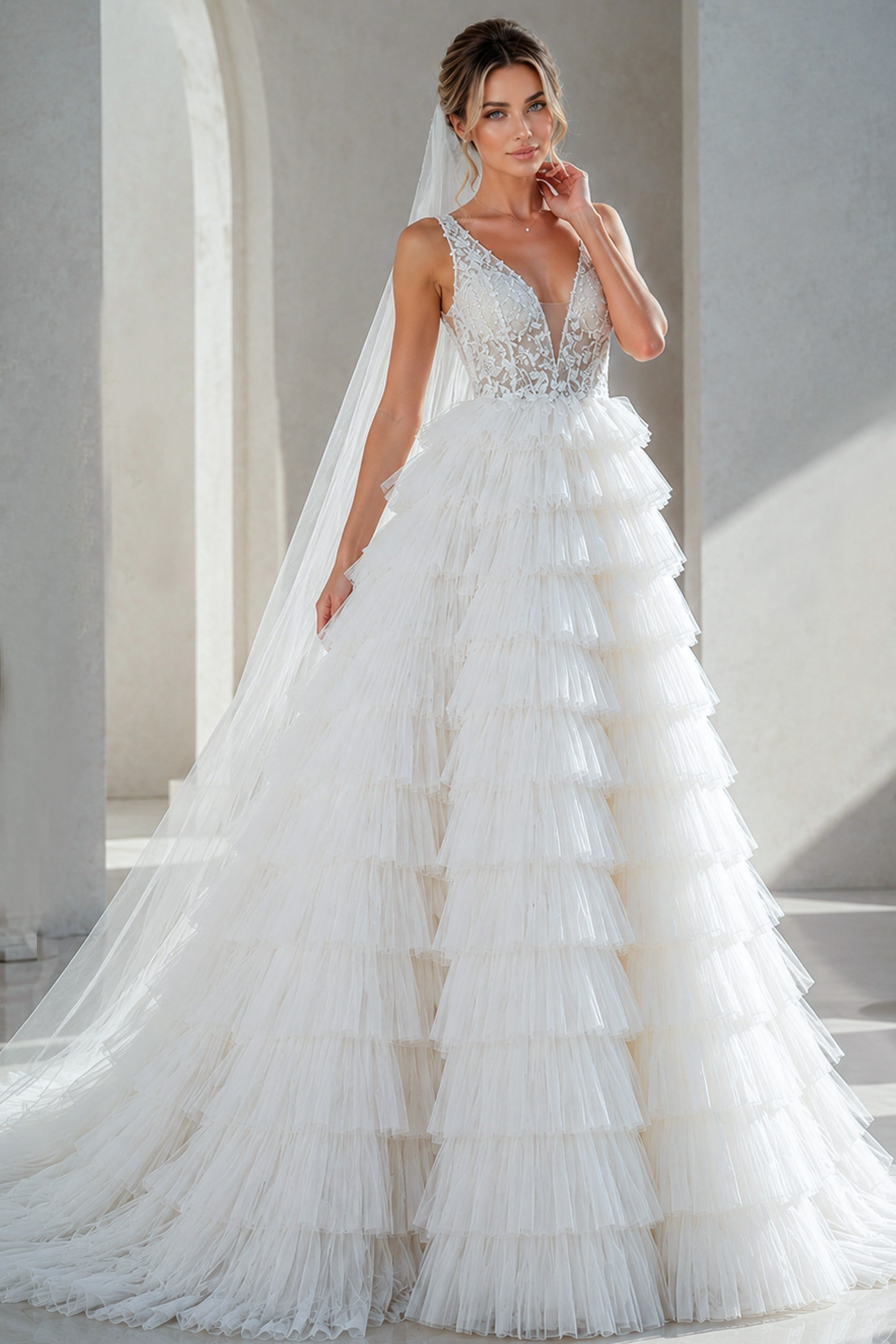 white tulle deep V neck A-line wedding dress with beaded sheer bodice and tiered ruffle skirt, front view, Jovani Bridal style JB43318