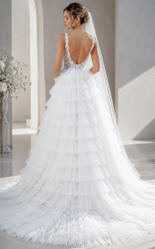 white tulle deep V neck A-line wedding dress with beaded sheer bodice and tiered ruffle skirt, front view, Jovani Bridal style JB43318